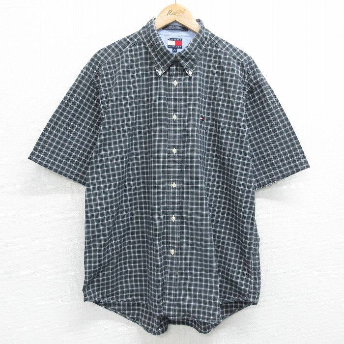 XL★古着 トミーヒルフィガー TOMMY HILFIGER 半袖 ブランド シャツ メンズ 90年代 90s ワンポイントロゴ 大きいサイズ コットン ボタンダウン 濃緑他 グリーン チェック 24mar08 中古 トップス