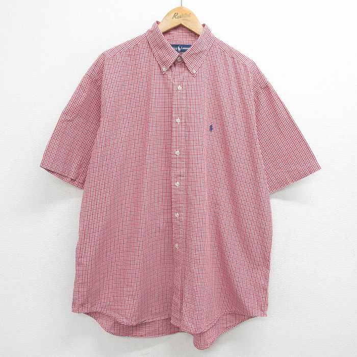 XL★古着 ラルフローレン Ralph Lauren 半袖 ブランド シャツ メンズ 90年代 90s ワンポイントロゴ BLAKE 大きいサイズ コットン ボタンダウン 赤他 レッド チェック 24mar08 中古 トップス
