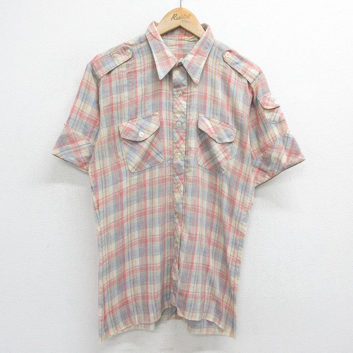 L★古着 半袖 シャツ メンズ 80年代 80s エンジ他 チェック 24mar09 中古 トップス