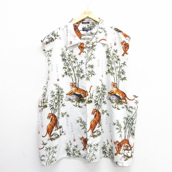 XL★古着 ノースリーブ シャツ メンズ トラ 大きいサイズ 開襟 オープンカラー 白 ホワイト 24mar13 中古 トップス