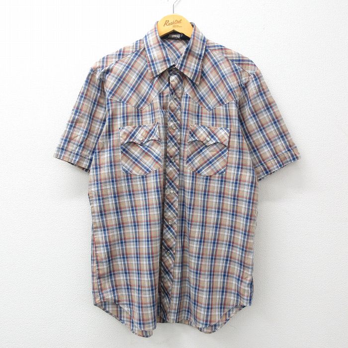 L★古着 半袖 ウエスタン シャツ メンズ 90年代 90s 紺他 ネイビー チェック 24mar16 中古 トップス