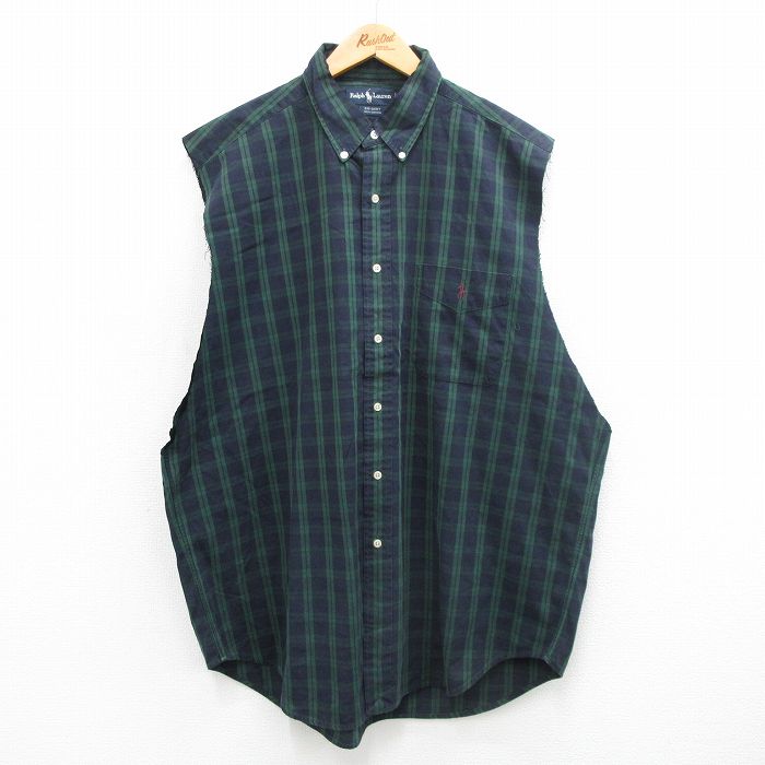 XL★古着 ラルフローレン Ralph Lauren ノースリーブ ブランド シャツ メンズ 90年代 90s ワンポイントロゴ BIG SHIRTS 大きいサイズ ロング丈 コットン ボタンダウン 緑他 グリーン タータン チェック 【spe】 24mar18 中古 トップス