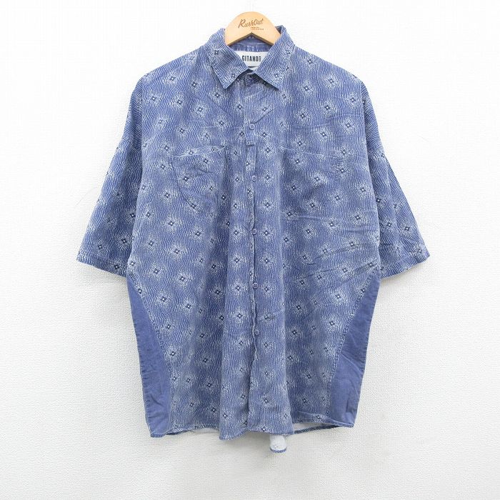 【50%OFF】XL★古着 ギタノ 半袖 シャツ メンズ 90年代 90s 総柄 大きいサイズ コットン 紺他 ネイビー 24mar26 中古 トップス