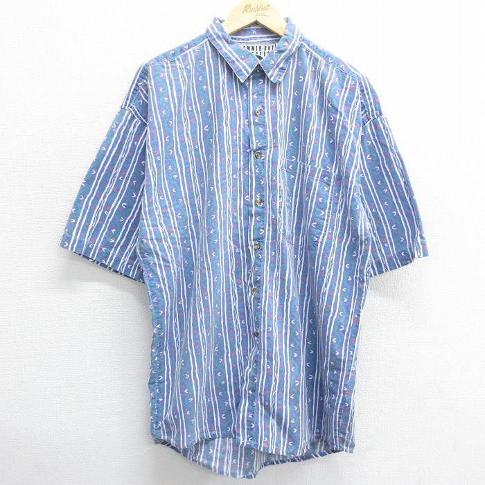 L★古着 半袖 シャツ メンズ 90年代 90s ロング丈 コットン 紺他 ネイビー ストライプ 24mar29 中古 トップス