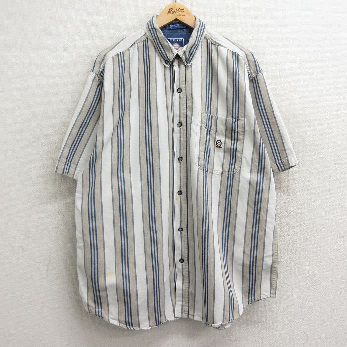 XL★古着 半袖 シャツ メンズ 00年代 00s 大きいサイズ ロング丈 コットン ボタンダウン ベージュ他 カーキ ストライプ 24apr09 中古 トップス