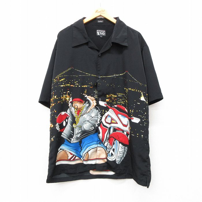 【50%OFF】XL★古着 半袖 シャツ メンズ 00年代 00s バイク ロング丈 開襟 オープンカラー 黒他 ブラック 【spe】 24apr10 中古 トップス