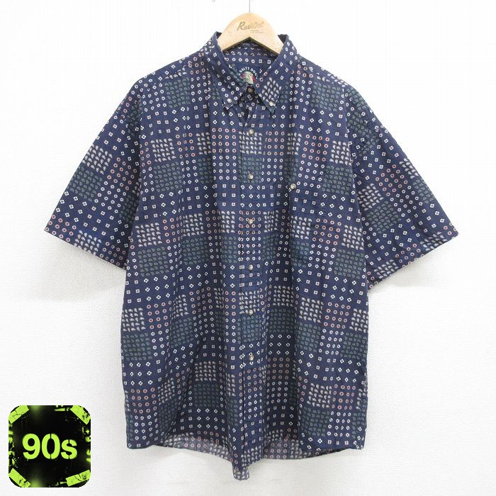 XL★古着 GANT 半袖 シャツ メンズ 90年代 90s 総柄 大きいサイズ コットン ボタンダウン 濃紺他 ネイビー 24apr12 中古 トップス