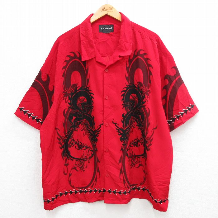 XL★古着 no boundaries 半袖 シャツ メンズ 龍 ドラゴン 大きいサイズ 開襟 オープンカラー 赤他 レッド 【spe】 24apr13 中古 トップス