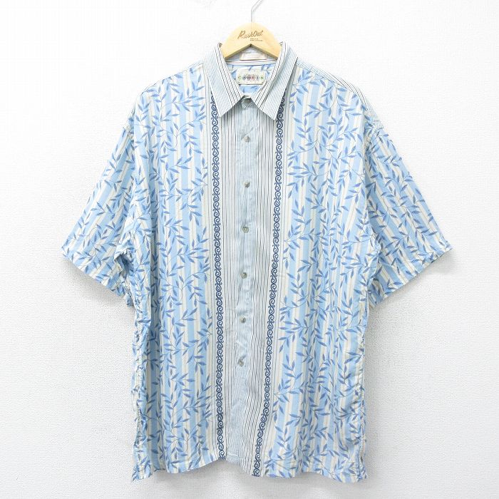 XL★古着 半袖 シャツ メンズ 00年代 00s 葉 レーヨン 薄紺他 ネイビー 24apr17 中古 トップス