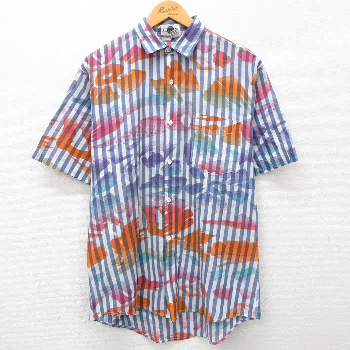 【50%OFF】L★古着 半袖 シャツ メンズ 00年代 00s 紺 ネイビー ストライプ 24apr24 中古 トップス