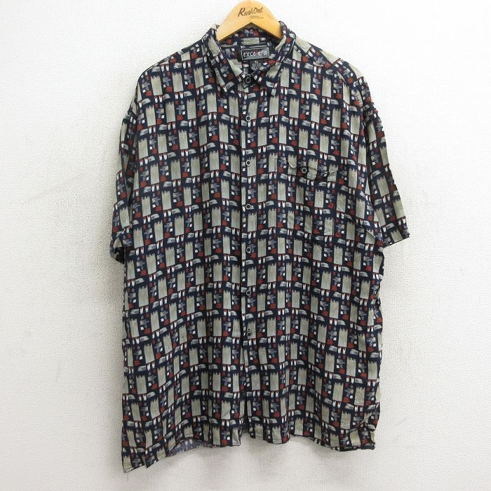 【50%OFF】XL★古着 半袖 シャツ メンズ 総柄 大きいサイズ レーヨン 紺他 ネイビー 24may16 中古 トップス