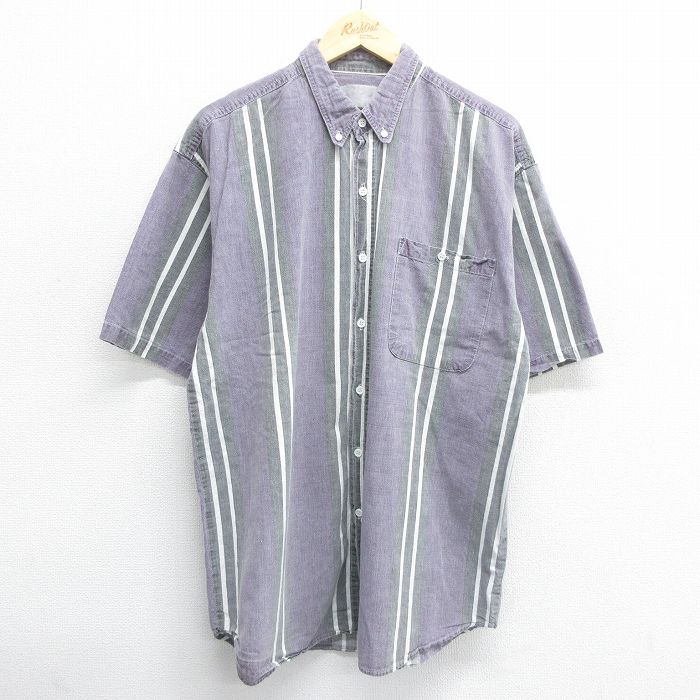 L★古着 半袖 シャツ メンズ ロング丈 ボタンダウン 紫他 パープル ストラトス 24may22 中古 トップス
