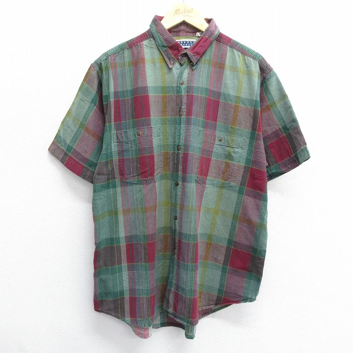 XL★古着 半袖 シャツ メンズ 00年代 00s コットン ボタンダウン 緑他 グリーン チェック 24may24 中古 トップス