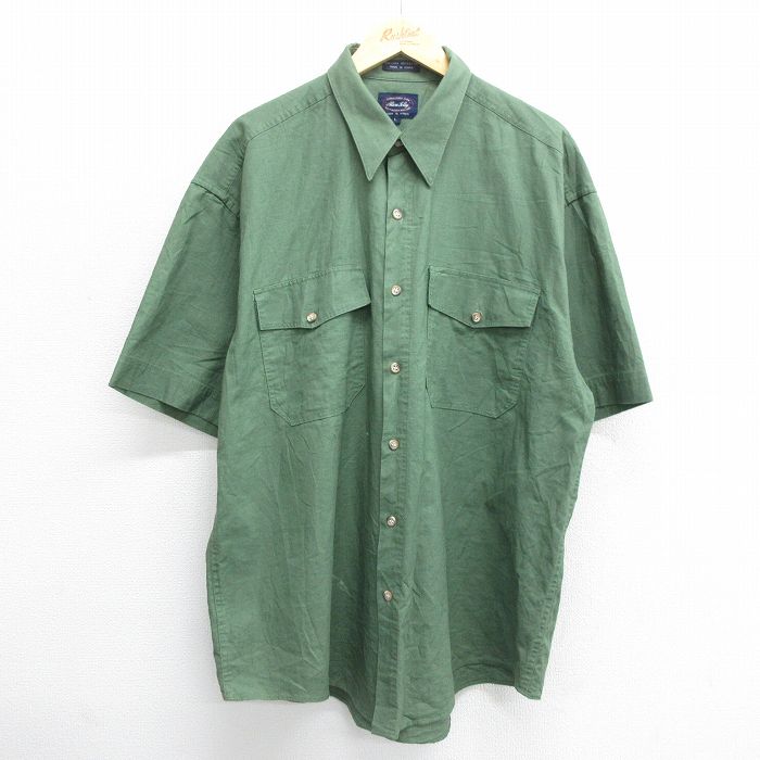 XL★古着 半袖 シャツ メンズ 00年代 00s ロング丈 大きいサイズ リネン 緑 グリーン 24may25 中古 トップス