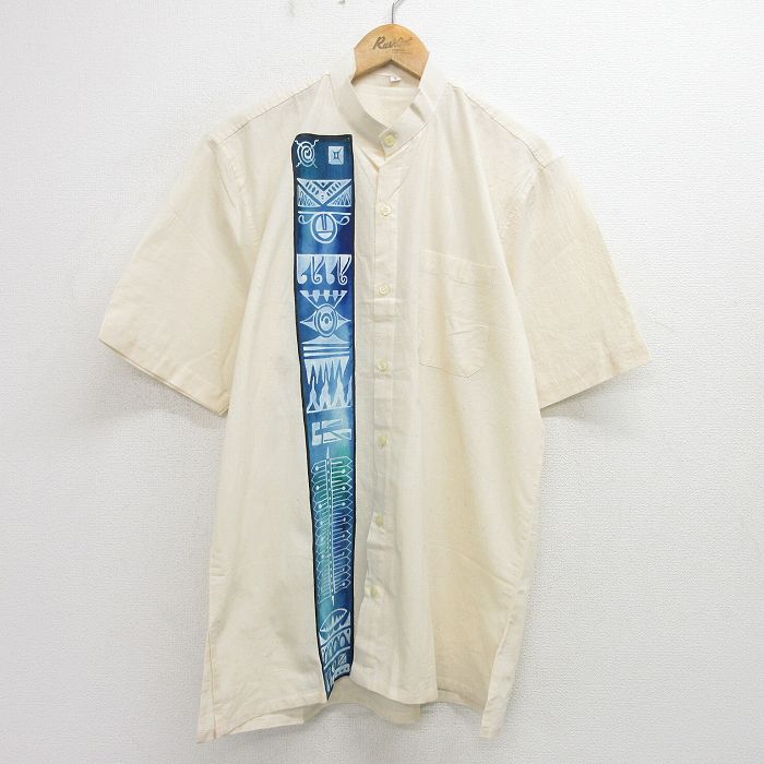 【50%OFF】L★古着 半袖 シャツ メンズ ネイティブ柄 ロング丈 ノーカラー 生成り 24may29 中古 トップス