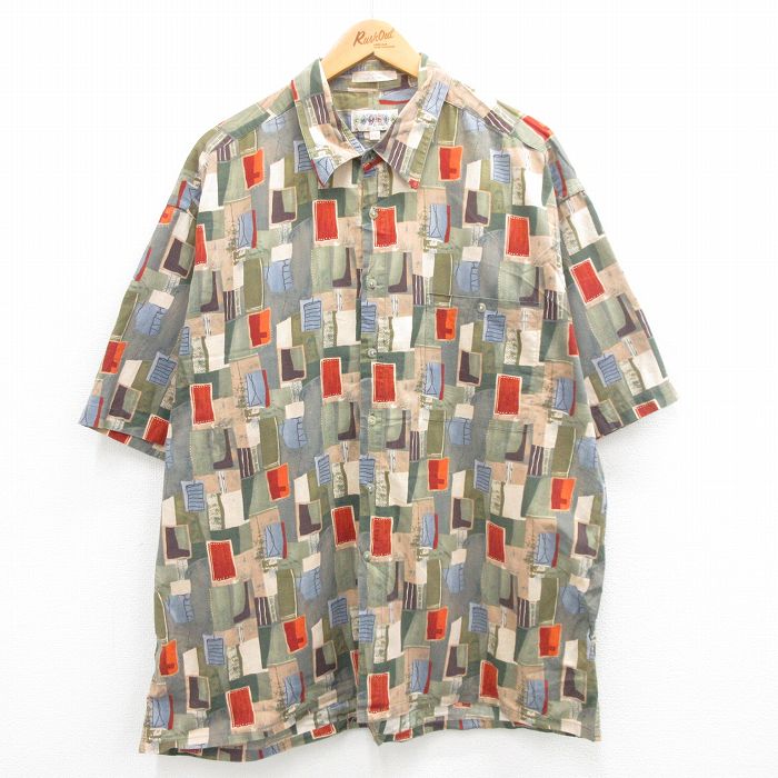【50%OFF】XL★古着 半袖 シャツ メンズ 00年代 00s 大きいサイズ ロング丈 コットン 緑系他 グリーン 24may31 中古 トップス