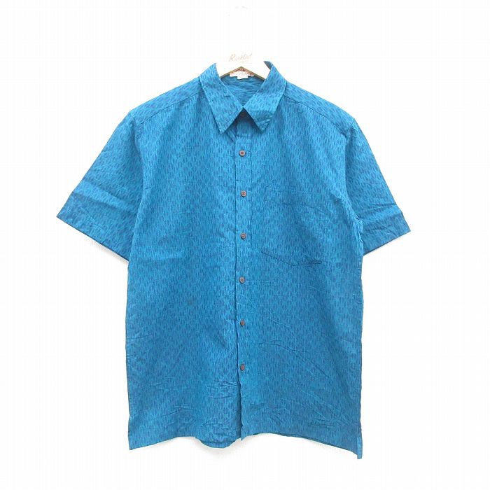 L★古着 半袖 シャツ メンズ 90年代 90s 総柄 青 ブルー 24jun06 中古 トップス