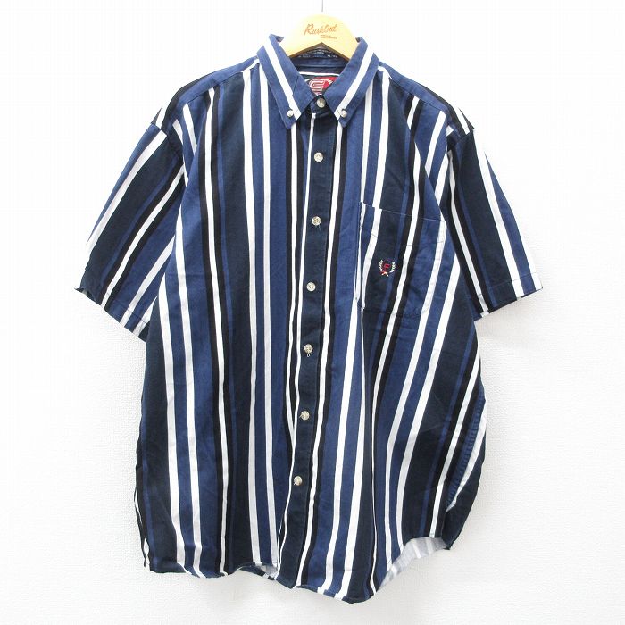 XL★古着 半袖 シャツ メンズ 00年代 00s ヘリンボーン 大きいサイズ コットン ボタンダウン 紺他 ネイビー ストライプ 24jun11 中古 トップス
