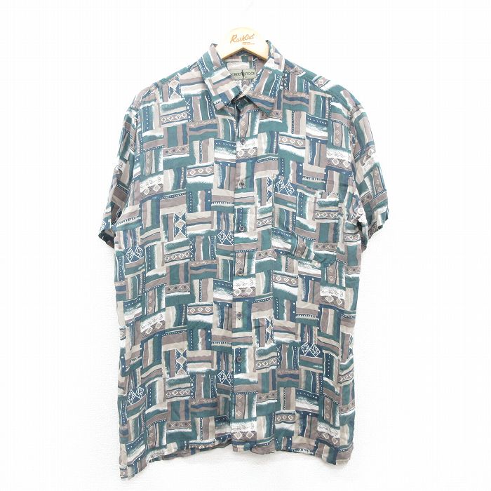 XL★古着 半袖 シャツ メンズ 90年代 90s 総柄 シルク 緑他 グリーン 24jun13 中古 トップス