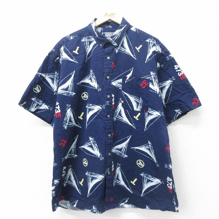 XL★古着 半袖 シャツ メンズ 00年代 00s ヨット 大きいサイズ ロング丈 コットン ボタンダウン 紺他 ネイビー 24jun14 中古 トップス