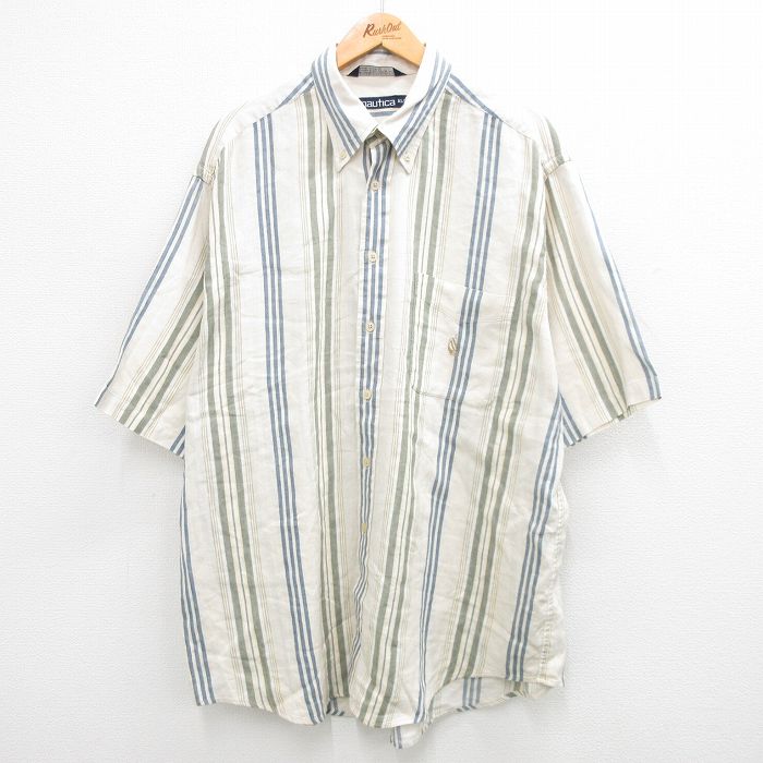 ノーティカ 90s 半袖シャツ ワンポイントロゴ 生成りストライプ XL | 古着