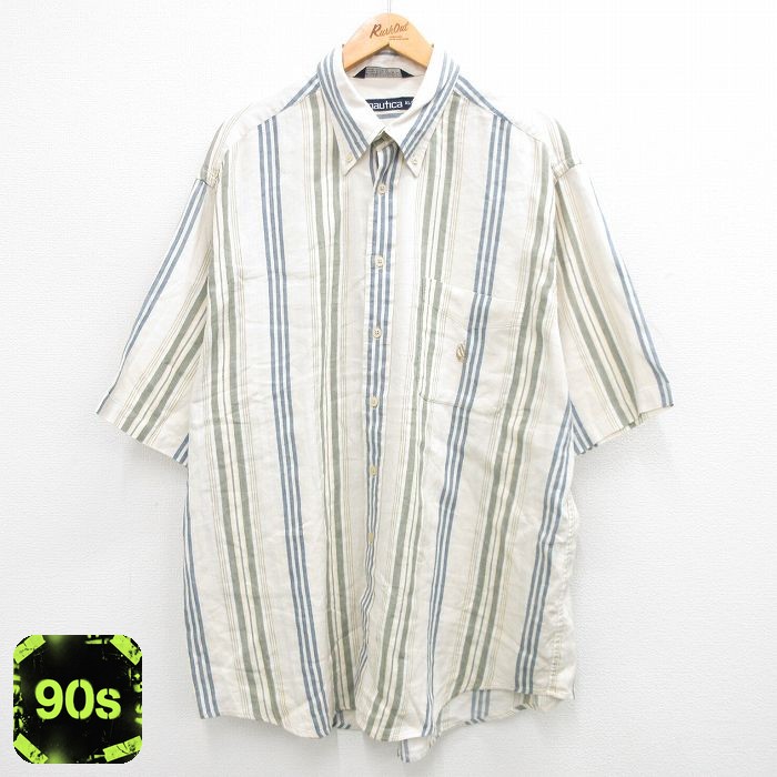 ノーティカ 90s 半袖シャツ ワンポイントロゴ 生成りストライプ XL | 古着