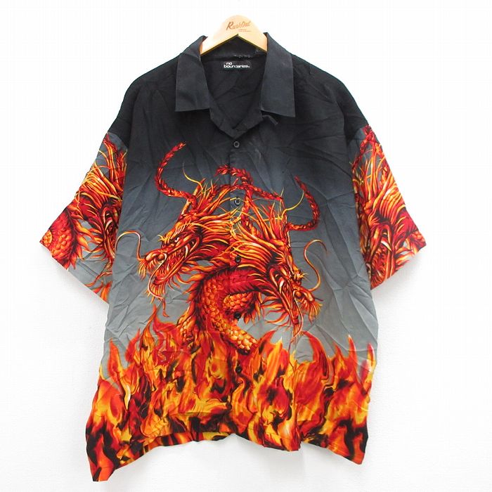 XL★古着 no boundaries 半袖 シャツ メンズ 00年代 00s ドラゴン 龍 大きいサイズ 開襟 オープンカラー 濃グレー他 【spe】 24jun26 中古 トップス