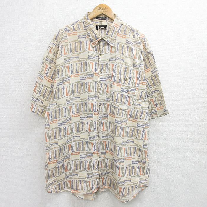 XL★古着 半袖 シャツ メンズ 00年代 00s 総柄 大きいサイズ ロング丈 コットン ベージュ系他 カーキ 24jul01 中古 トップス