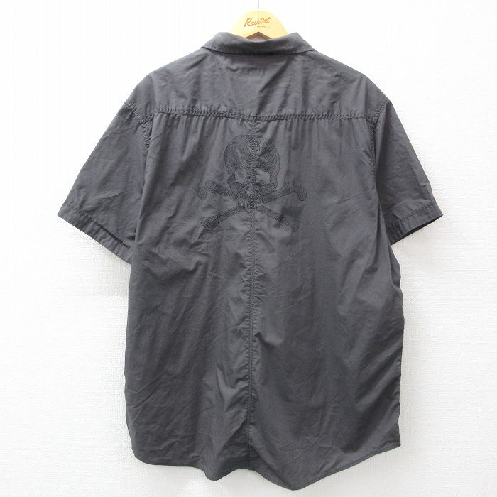 XL★古着 半袖 シャツ メンズ スカル 大きいサイズ ロング丈 コットン 濃グレー 24jul12 中古 トップス