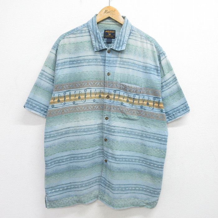 XL★古着 ウールリッチ WOOLRICH 半袖 シャツ メンズ 00年代 00s 魚 ルアー リップストップ 薄紺 ネイビー 24jul13 中古 トップス