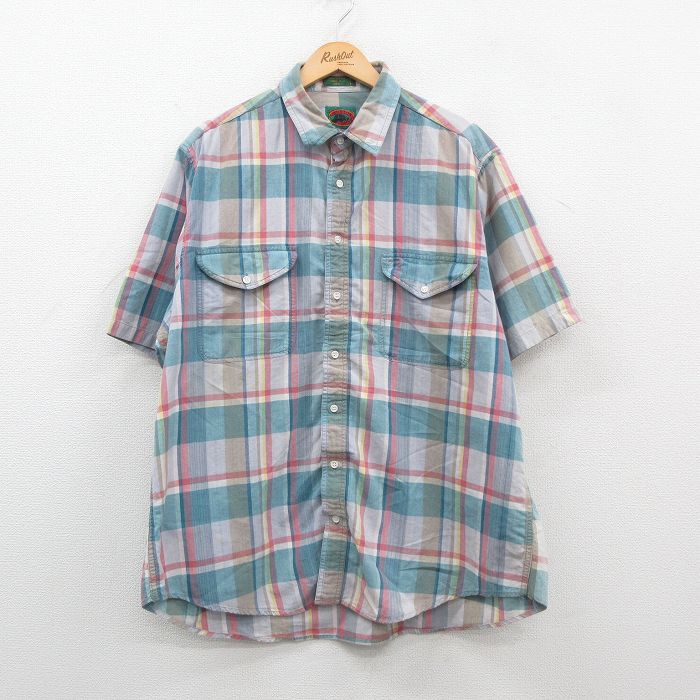 XL★古着 ボストントレーダース 半袖 シャツ メンズ 00年代 00s 大きいサイズ コットン 青緑他 チェック 24jul19 中古 トップス