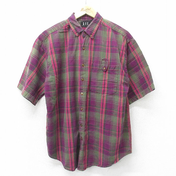 【50%OFF】L★古着 半袖 シャツ メンズ コットン ボタンダウン 紫他 パープル チェック 24jul19 中古 トップス