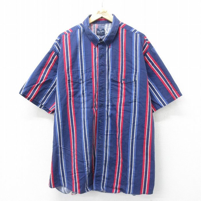 XL★古着 ラングラー Wrangler 半袖 ウエスタン シャツ メンズ 00年代 00s 大きいサイズ ロング丈 ボタンダウン 紺他 ネイビー ストライプ 24jul19 中古 トップス