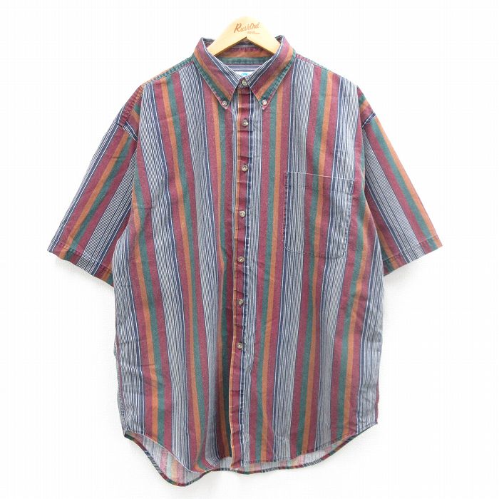 【50%OFF】XL★古着 半袖 シャツ メンズ ロング丈 コットン ボタンダウン エンジ 24jul20 中古 トップス