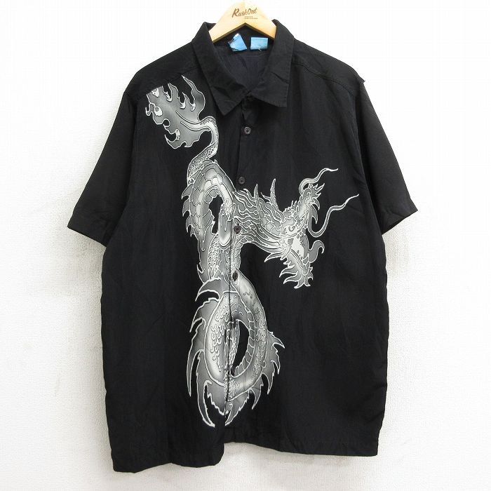 【50%OFF】XL★古着 半袖 シャツ メンズ 龍 大きいサイズ 黒 ブラック 【spe】 24jul23 中古 トップス