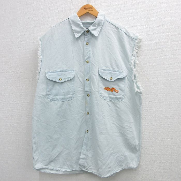 XL★古着 ノースリーブ シャツ メンズ 00年代 00s ワシ 大きいサイズ ロング丈 コットン 薄紺 ネイビー デニム 24jul31 中古 トップス