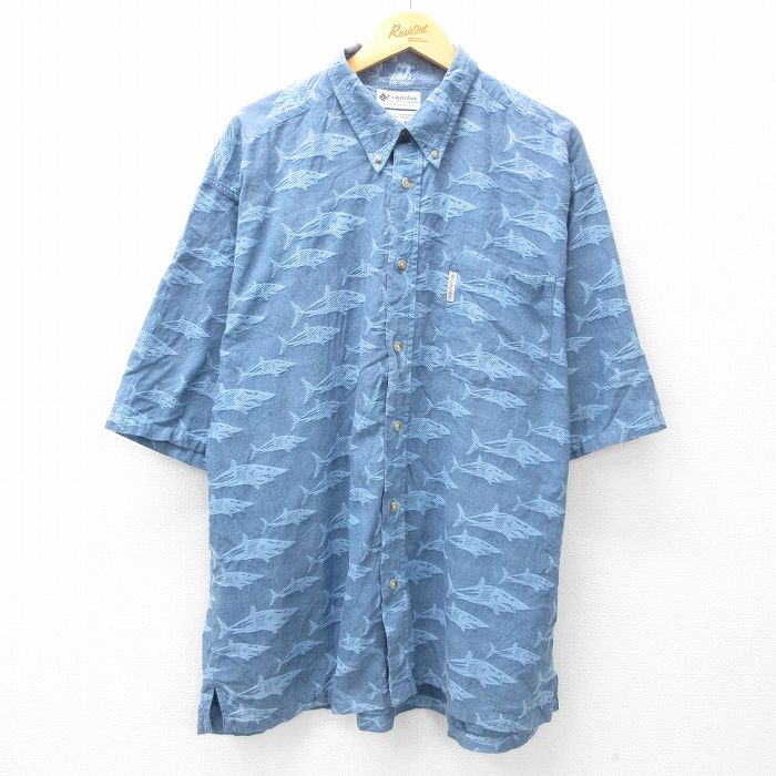 XL★古着 コロンビア COLUMBIA 半袖 シャツ メンズ 00年代 00s サメ 大きいサイズ ロング丈 コットン ボタンダウン 紺他 ネイビー 【spe】 25mar31 中古 トップス