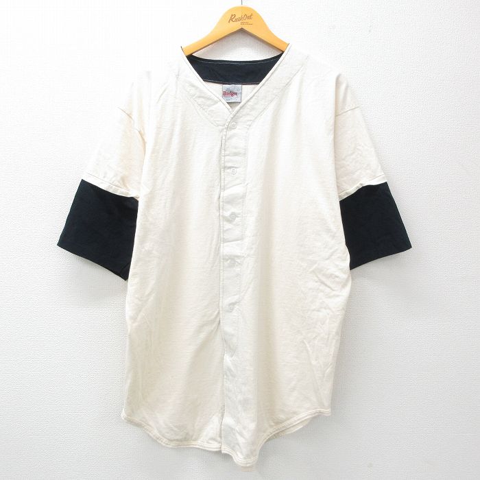 L★古着 半袖 ベースボール シャツ メンズ 90年代 90s 大きいサイズ ロング丈 コットン USA製 生成り他 25mar31 中古 トップス