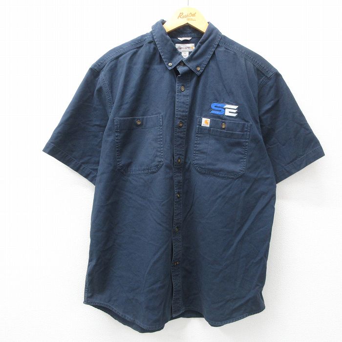 XL★古着 カーハート Carhartt 半袖 シャツ メンズ ダック地 大きいサイズ ボタンダウン 濃紺 ネイビー 25mar31 中古 トップス