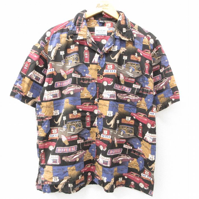 XL★古着 半袖 シャツ メンズ ルート66 車 クラシックカー 大きいサイズ 開襟 オープンカラー 黒 ブラック 25mar31 中古 トップス