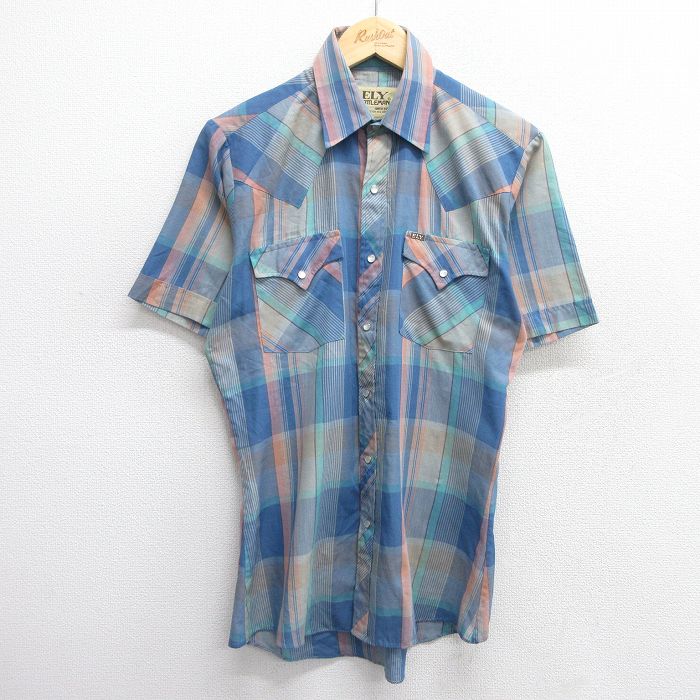 M★古着 ELY 半袖 ウエスタン シャツ メンズ 90年代 90s 紺他 ネイビー チェック 25mar31 中古 トップス