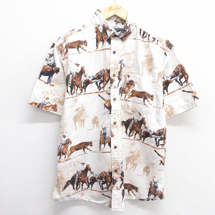 L★古着 半袖 シャツ メンズ 馬 コットン ボタンダウン 薄ベージュ カーキ 25mar31 中古 トップス