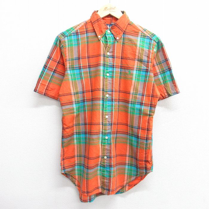 M★古着 ラルフローレン Ralph Lauren 半袖 ブランド シャツ メンズ 90年代 90s ワンポイントロゴ コットン ボタンダウン オレンジ他 チェック 25mar31 中古 トップス