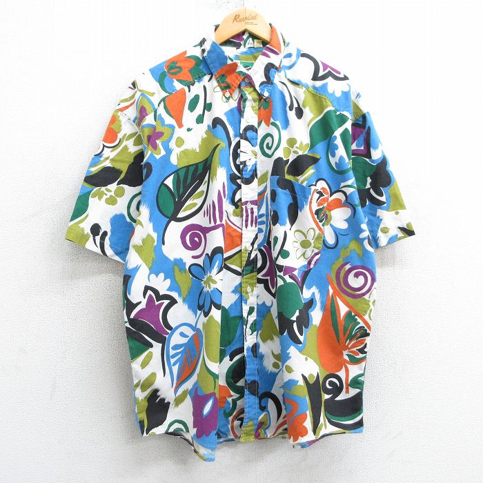 XL★古着 半袖 シャツ メンズ 90年代 90s 葉 花 総柄 大きいサイズ コットン ボタンダウン 白他 ホワイト 【spe】 25apr01 中古 トップス