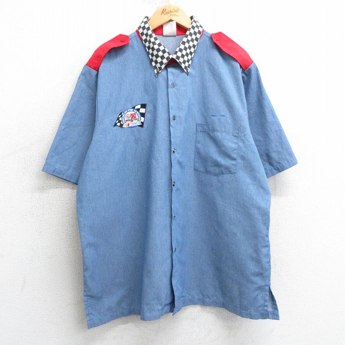 XL★古着 半袖 シャツ メンズ 00年代 00s NASCAR フラッグ ボタンダウン 薄紺他 ネイビー 25apr01 中古 トップス