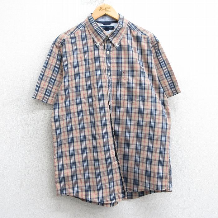 L★古着 トミーヒルフィガー TOMMY HILFIGER 半袖 ブランド シャツ メンズ ワンポイントロゴ コットン ボタンダウン ベージュ他 カーキ チェック 25apr01 中古 トップス