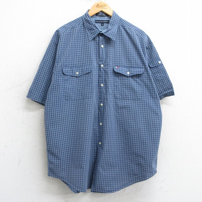 XL★古着 トミーヒルフィガー TOMMY HILFIGER 半袖 ブランド シャツ メンズ ワンポイントロゴ コットン 薄紺他 ネイビー チェック 25apr01 中古 トップス