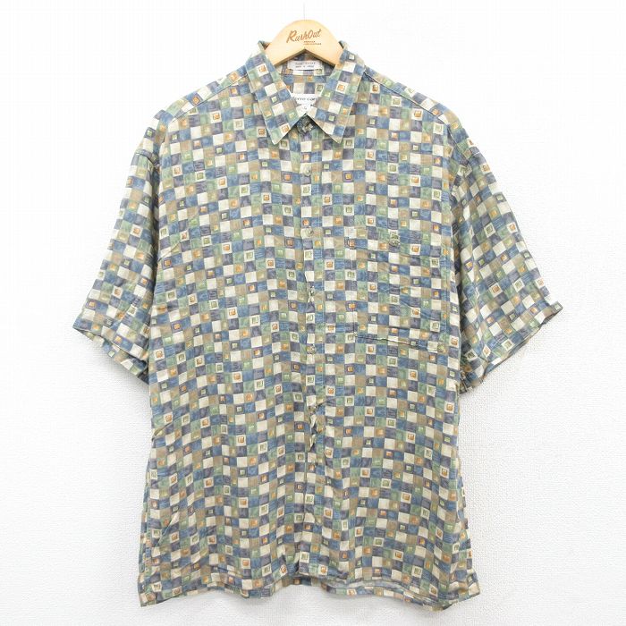 L★古着 ピエールカルダン pierre cardin 半袖 ブランド シャツ メンズ 90年代 90s 大きいサイズ レーヨン ベージュ他 カーキ チェック 25apr01 中古 トップス