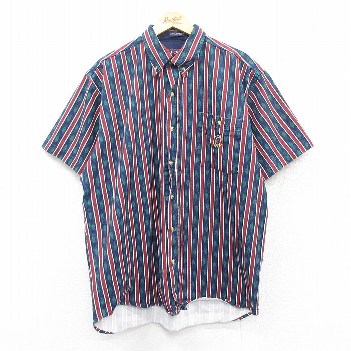 XL★古着 半袖 シャツ メンズ 90年代 90s 大きいサイズ コットン ボタンダウン USA製 濃紺他 ネイビー ストライプ 25apr01 中古 トップス