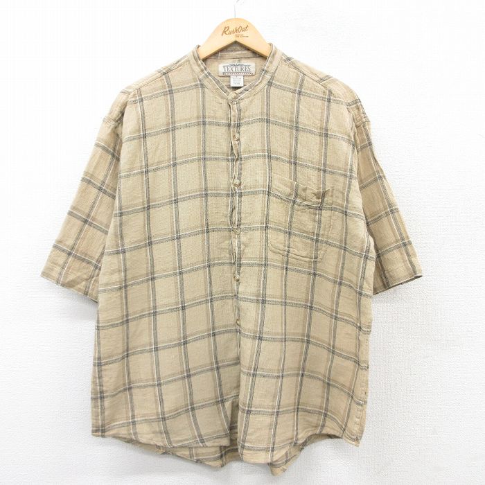 XL★古着 半袖 シャツ メンズ 大きいサイズ コットン ノーカラー ベージュ他 カーキ チェック 25apr01 中古 トップス